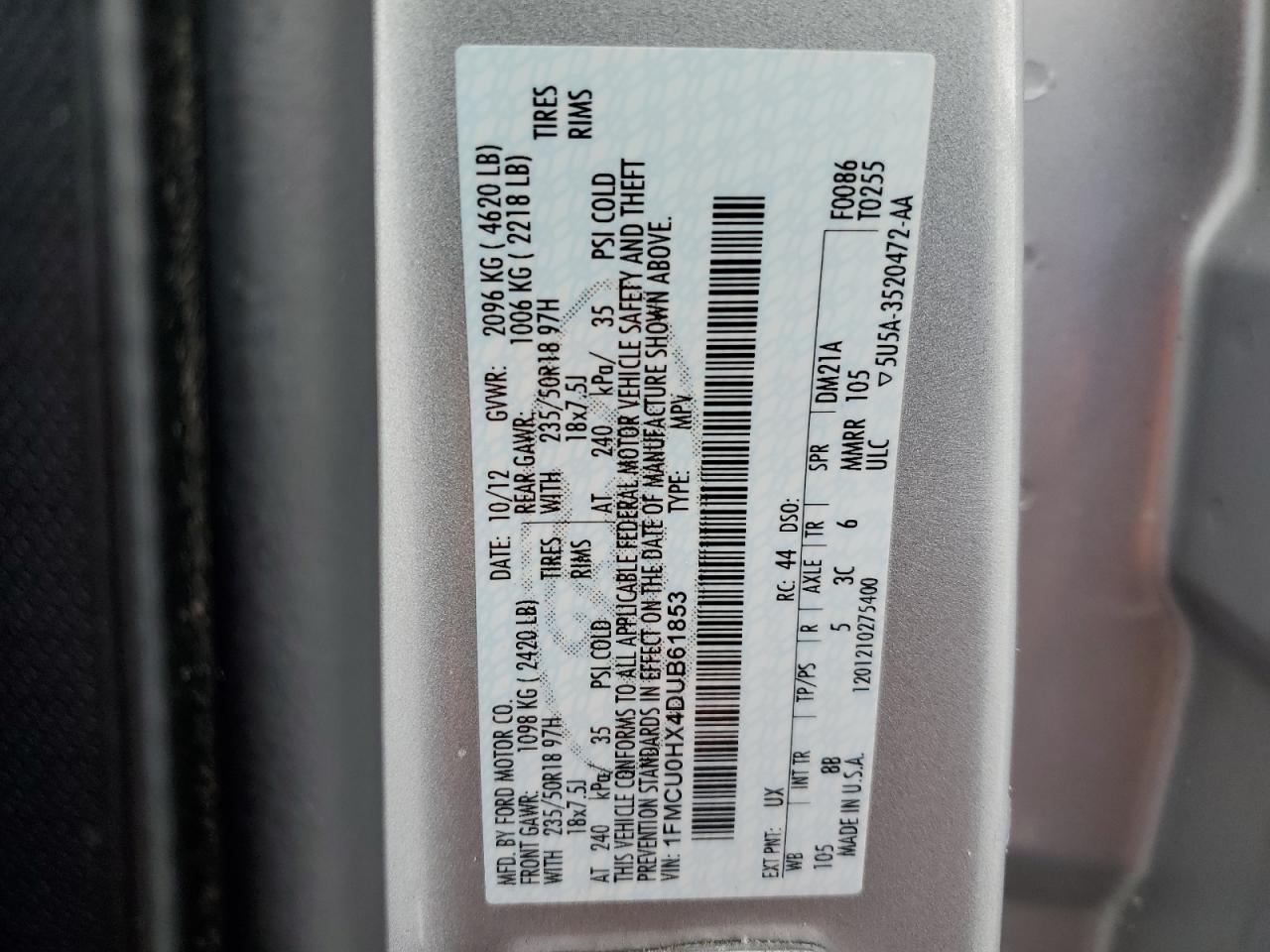 2013 Ford Escape Sel VIN: 1FMCU0HX4DUB61853 Lot: 87390115