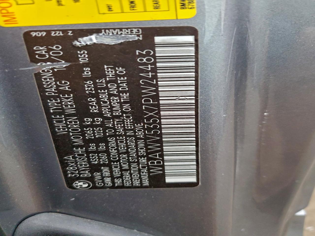 2007 BMW 328 Xi Sulev VIN: WBAWV535X7PW24483 Lot: 93407895