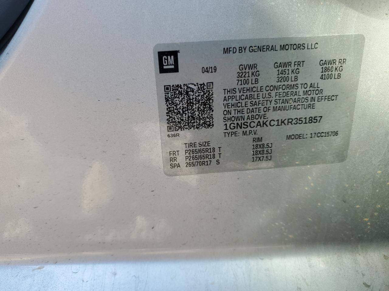 2019 Chevrolet Tahoe C1500 Ls VIN: 1GNSCAKC1KR351857 Lot: 91937615