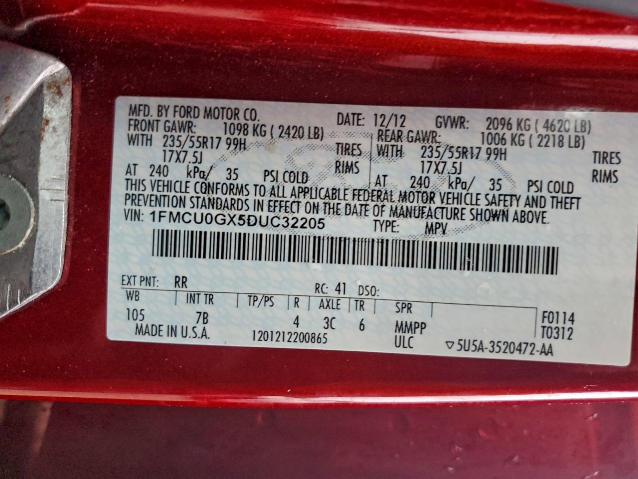 2013 Ford Escape Se VIN: 1FMCU0GX5DUC32205 Lot: 94079015