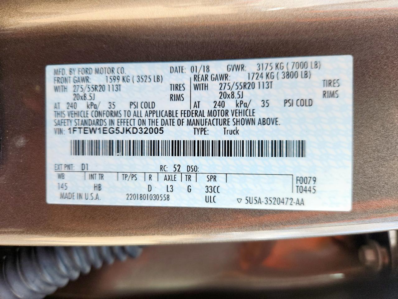 2018 Ford F150 Supercrew VIN: 1FTEW1EG5JKD32005 Lot: 93214245