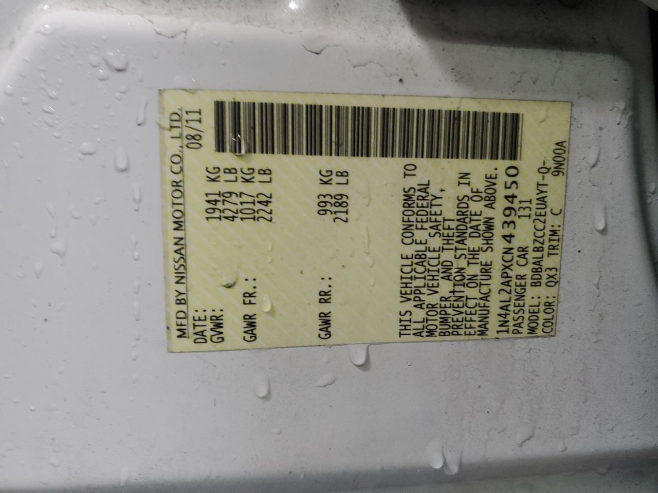 2012 Nissan Altima Base VIN: 1N4AL2APXCN439450 Lot: 92442245