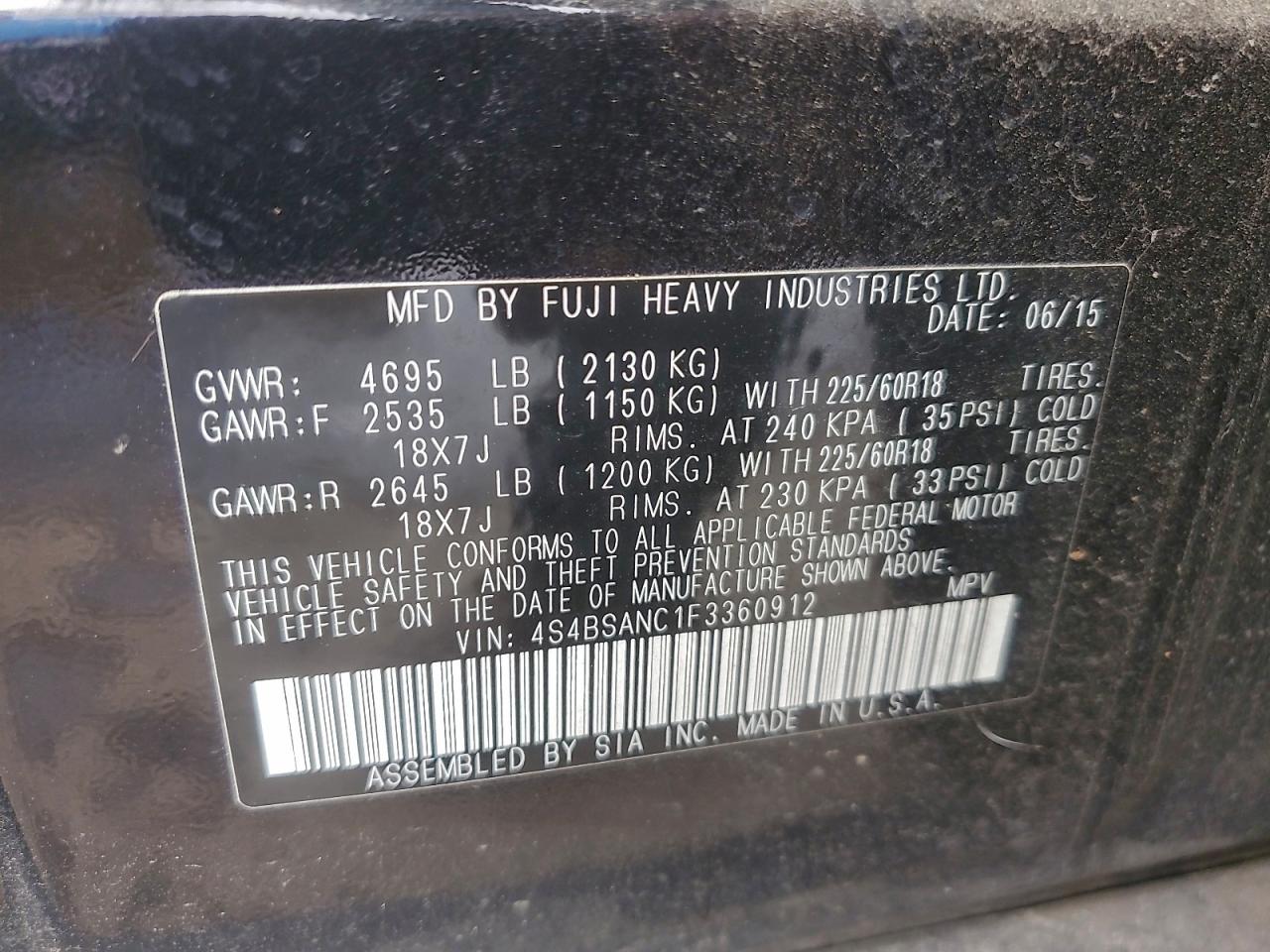 2015 Subaru Outback 2.5I Limited VIN: 4S4BSANC1F3360912 Lot: 93906115