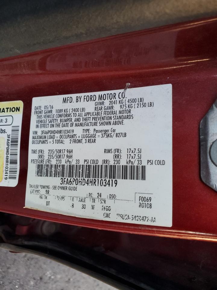 2017 Ford Fusion Se VIN: 3FA6P0HD4HR103419 Lot: 93772095