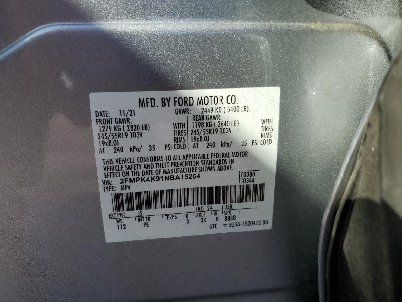 2022 Ford Edge Titanium VIN: 2FMPK4K91NBA15264 Lot: 93340365