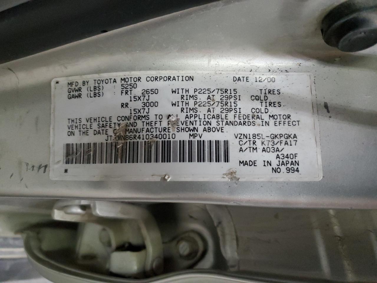 2001 Toyota 4Runner Sr5 VIN: JT3HN86R410340010 Lot: 93323595