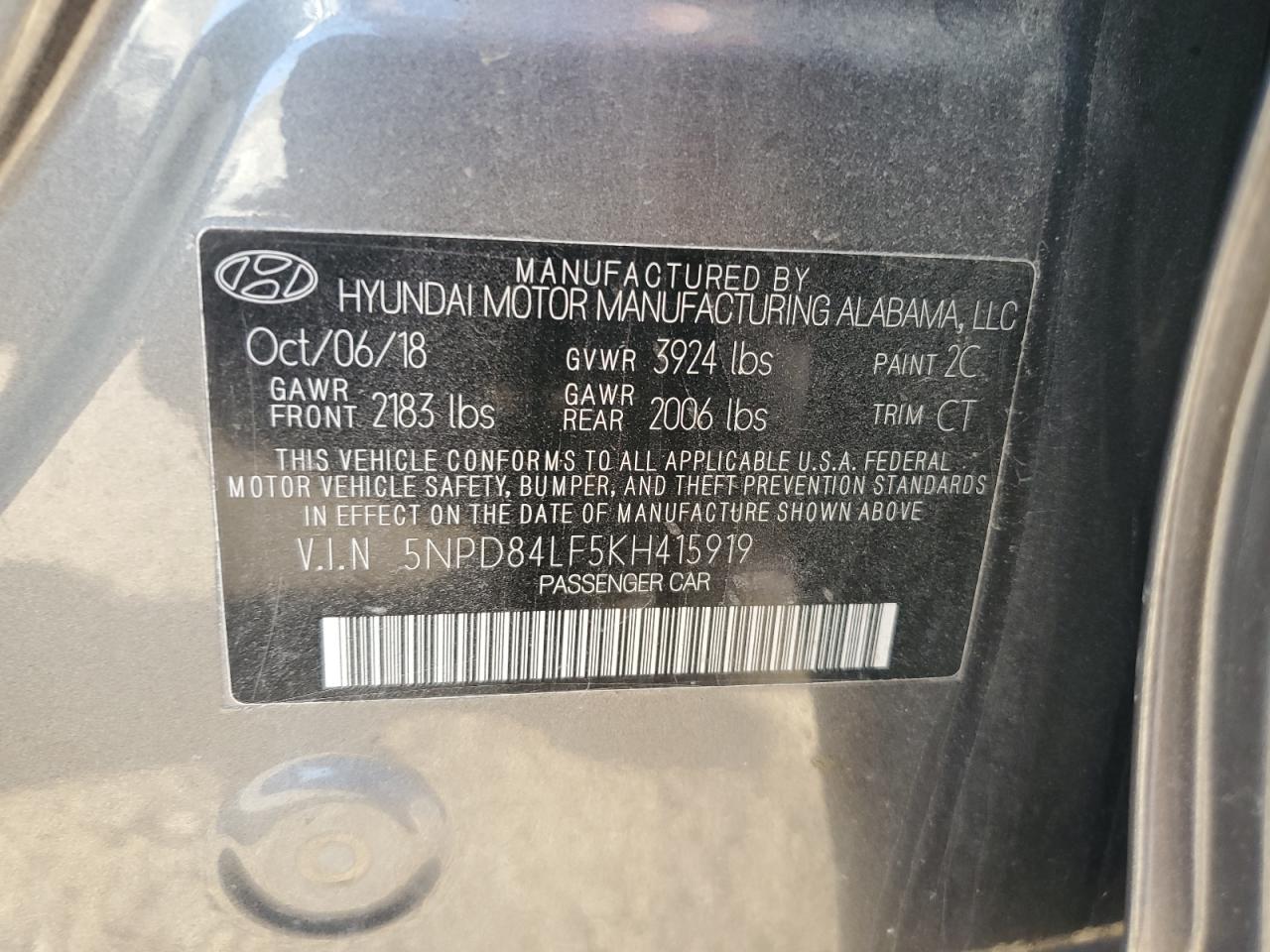 2019 Hyundai Elantra Sel VIN: 5NPD84LF5KH415919 Lot: 92358825