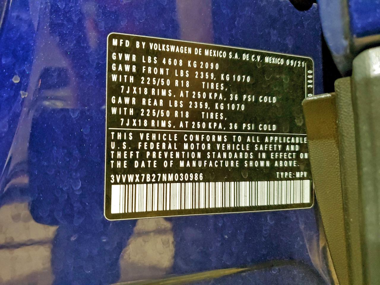 2022 Volkswagen Taos Se VIN: 3VVWX7B27NM030986 Lot: 94128955
