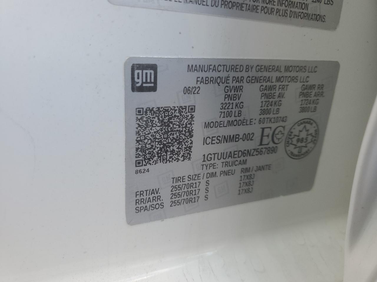 2022 GMC Sierra K1500 VIN: 1GTUUAED6NZ567890 Lot: 91139585