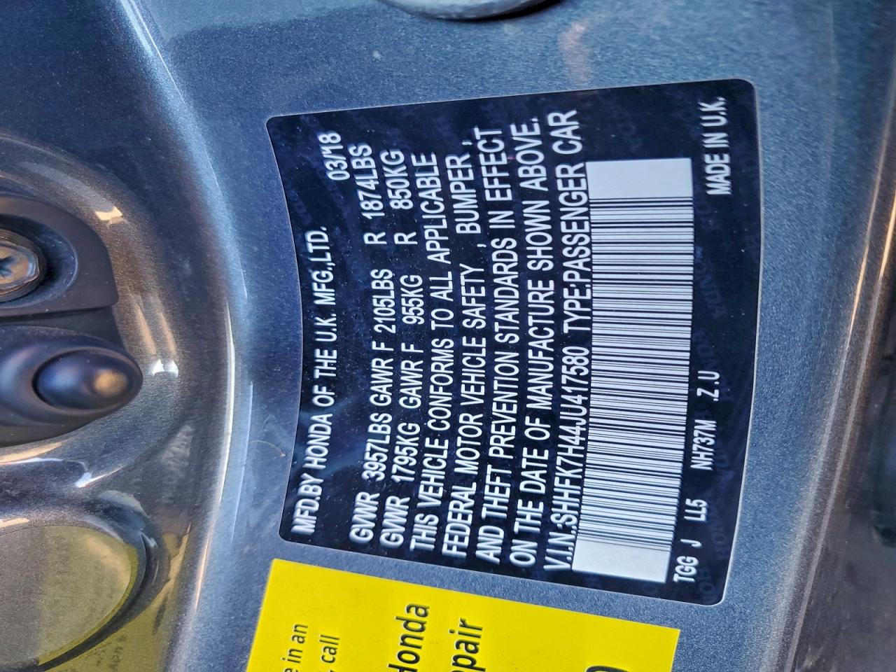 2018 Honda Civic Sport VIN: SHHFK7H44JU417580 Lot: 93766485