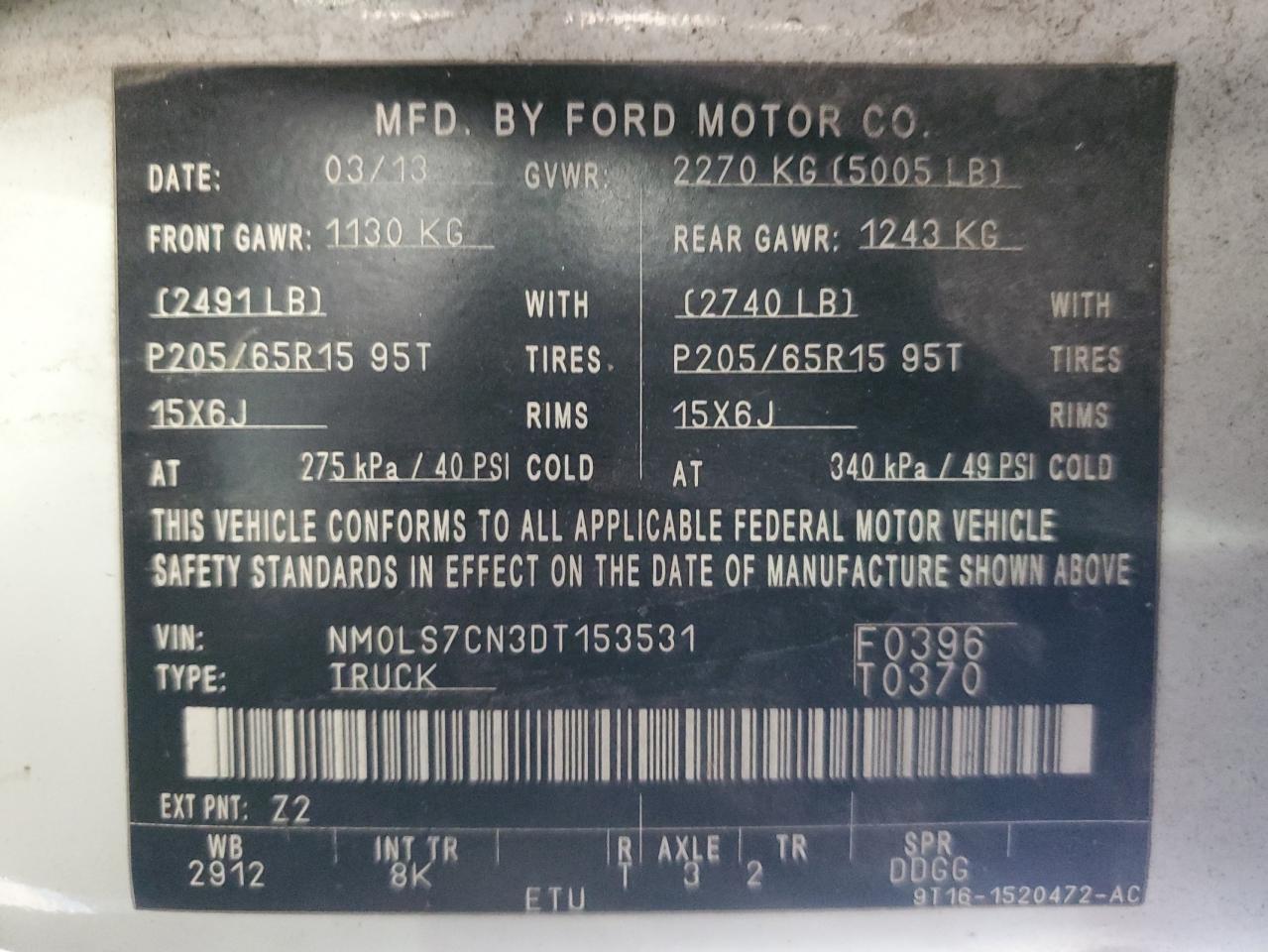 2013 Ford Transit Connect Xl VIN: NM0LS7CN3DT153531 Lot: 92837985