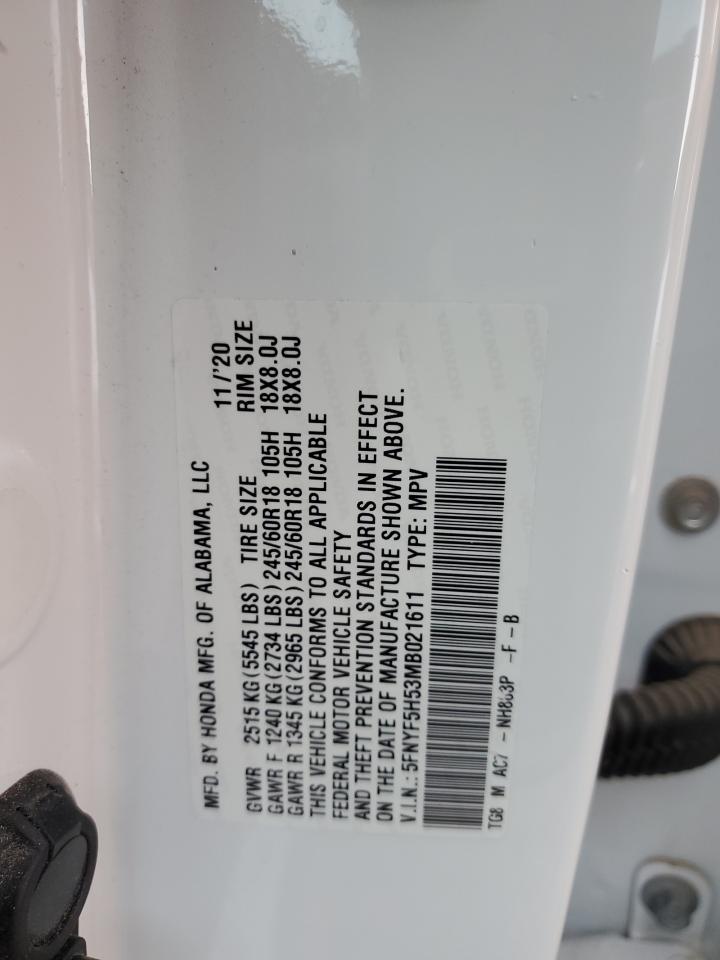 2021 Honda Pilot Exl VIN: 5FNYF5H53MB021611 Lot: 92456325