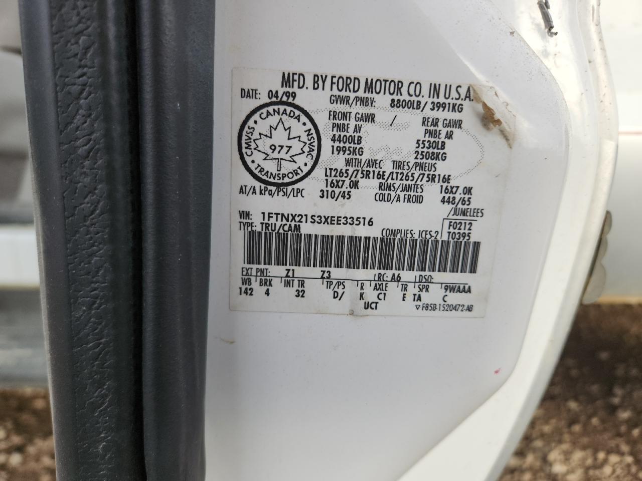 1999 Ford F250 Super Duty VIN: 1FTNX21S3XEE33516 Lot: 91087335