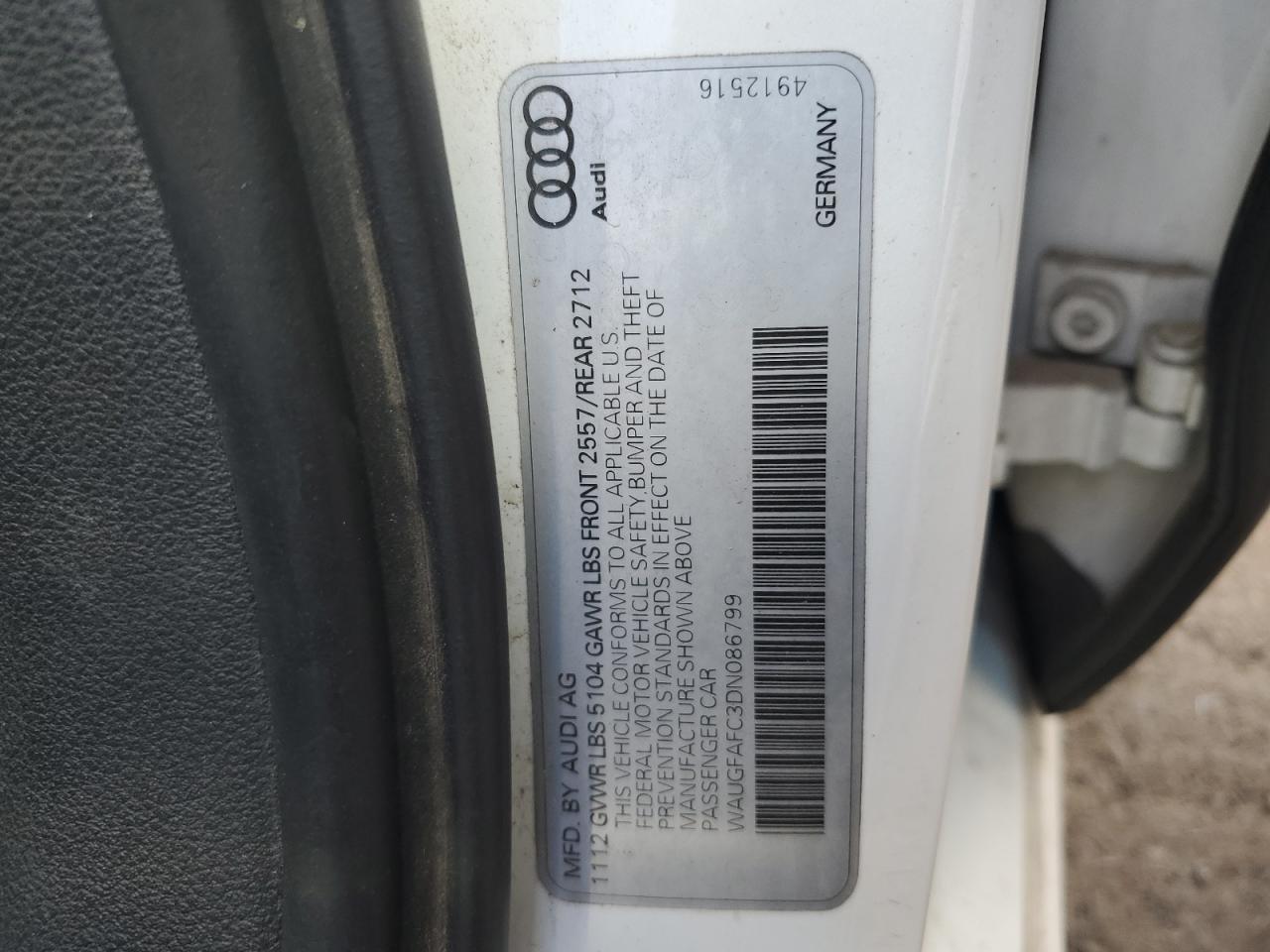 2013 Audi A6 Premium Plus VIN: WAUGFAFC3DN086799 Lot: 91507775