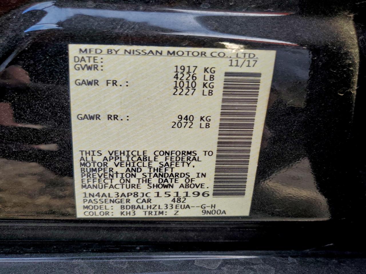 2018 Nissan Altima 2.5 VIN: 1N4AL3AP8JC151196 Lot: 94791955