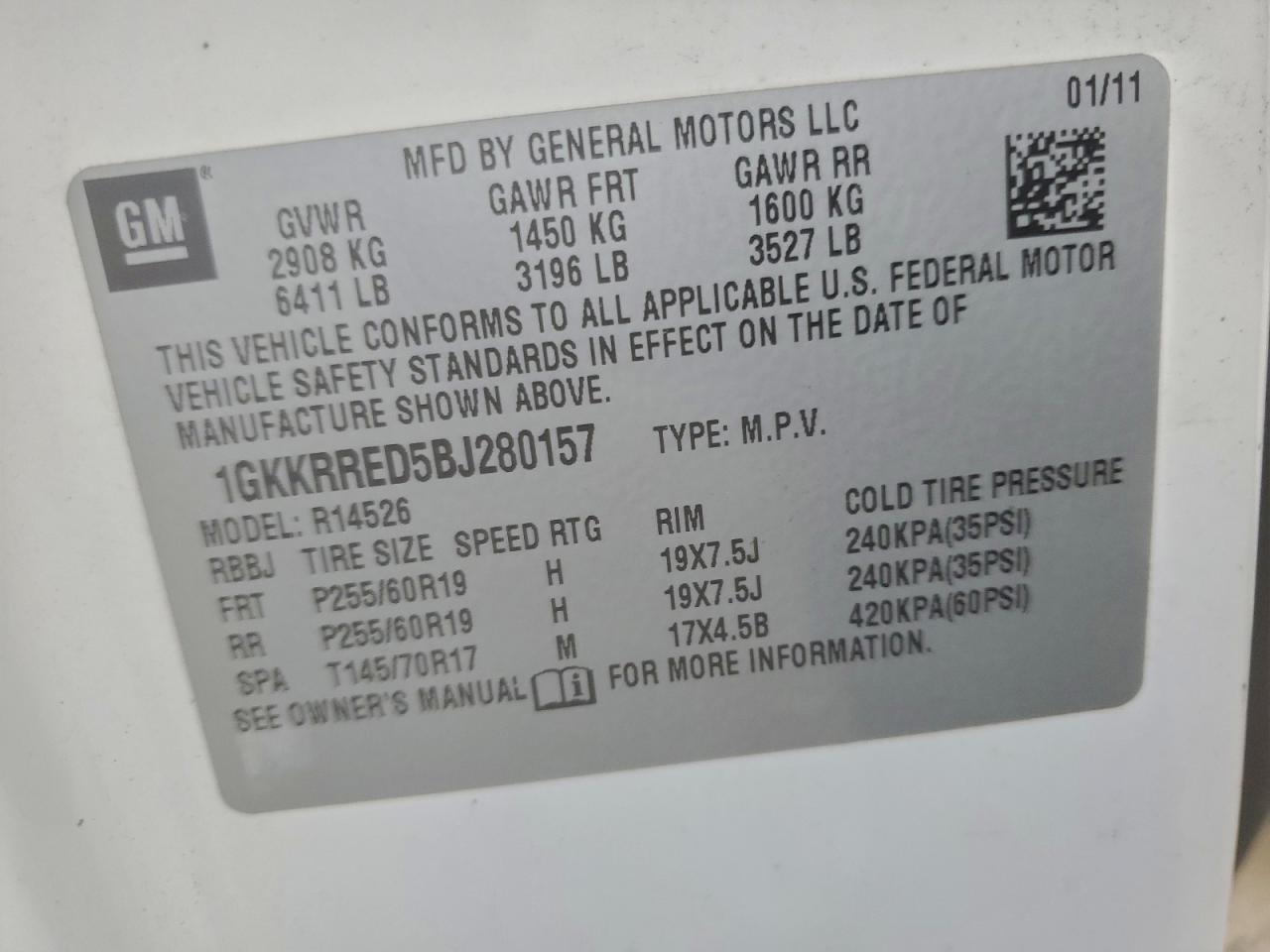 2011 GMC Acadia Slt-1 VIN: 1GKKRRED5BJ280157 Lot: 93861995