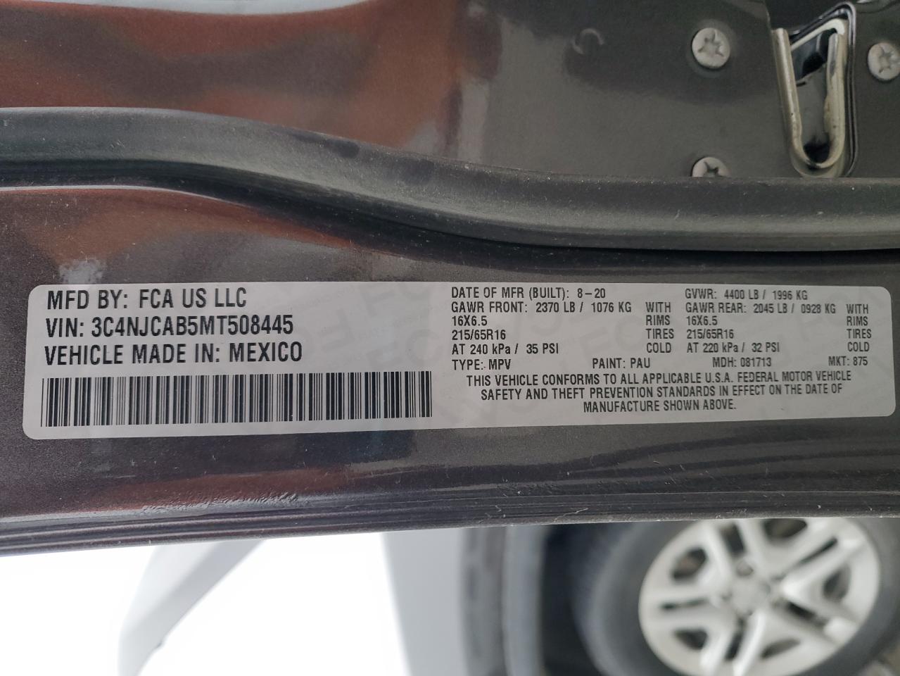 2021 Jeep Compass Sport VIN: 3C4NJCAB5MT508445 Lot: 92953215