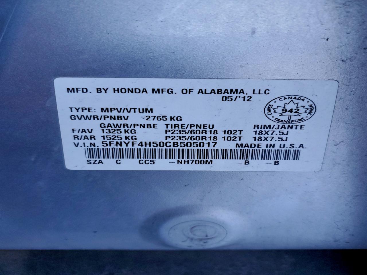 2012 Honda Pilot Exl VIN: 5FNYF4H50CB505017 Lot: 93951825