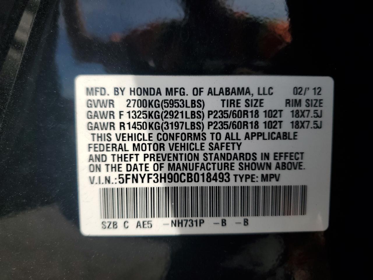 2012 Honda Pilot Touring VIN: 5FNYF3H90CB018493 Lot: 91738985