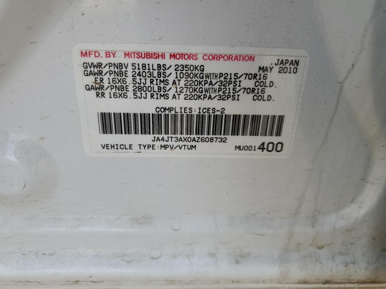 2010 Mitsubishi Outlander Xls VIN: JA4JT3AX0AZ608732 Lot: 92349425