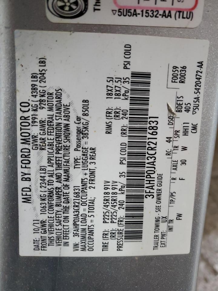 2012 Ford Fusion Sel VIN: 3FAHP0JA3CR216831 Lot: 90579095