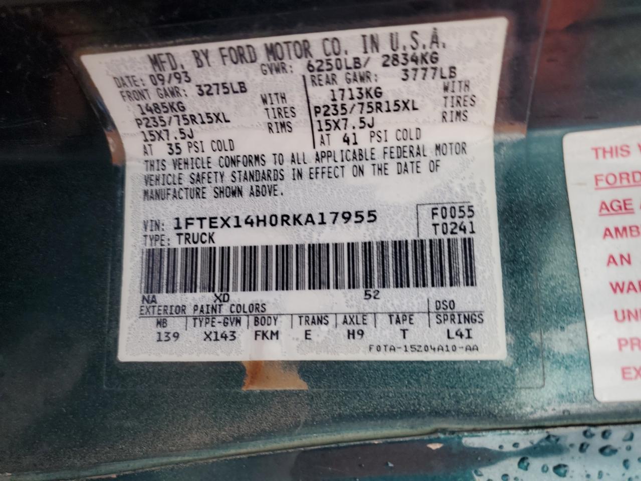 1994 Ford F150 VIN: 1FTEX14H0RKA17955 Lot: 92906485