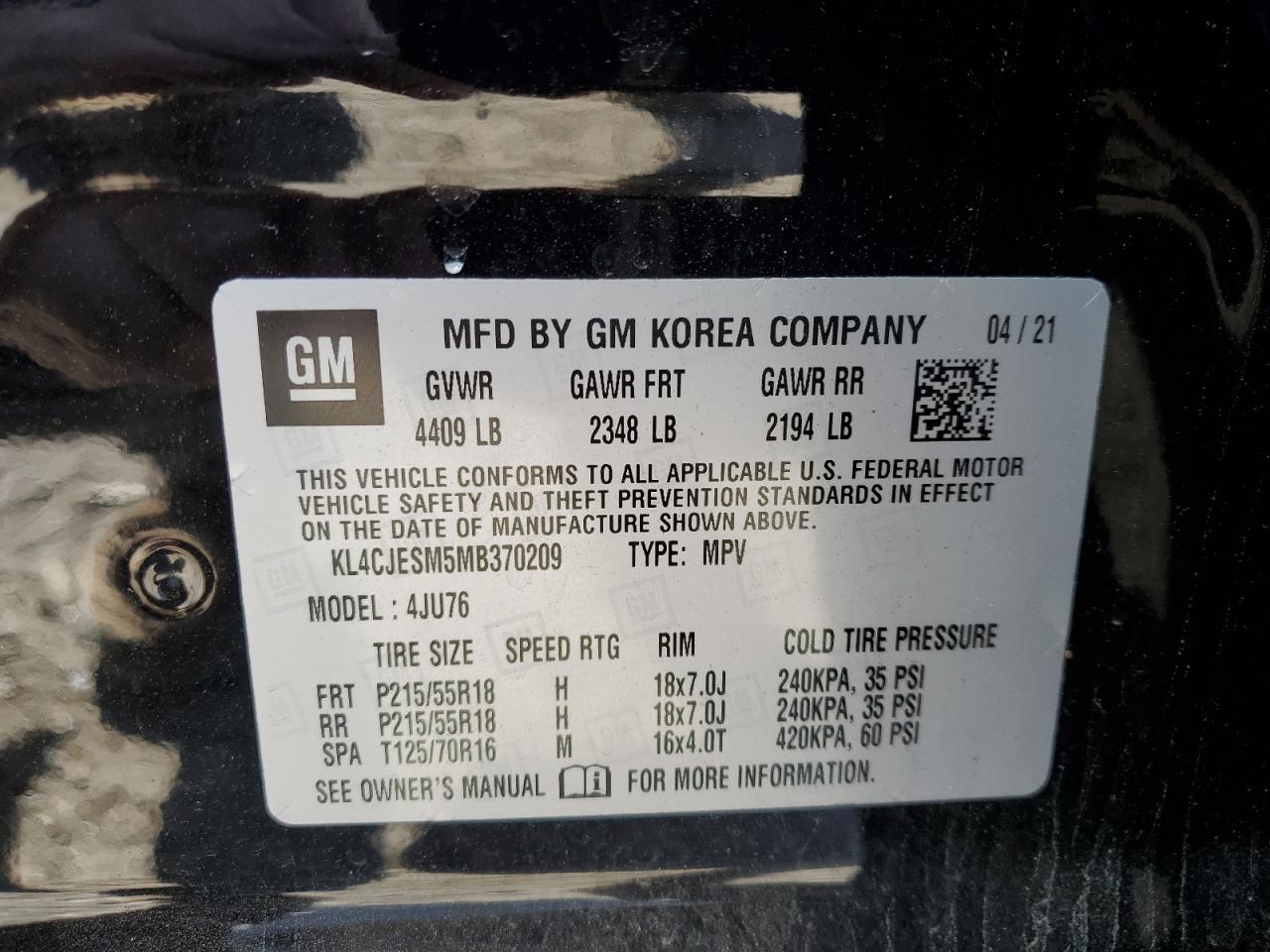 2021 Buick Encore Preferred VIN: KL4CJESM5MB370209 Lot: 92996465