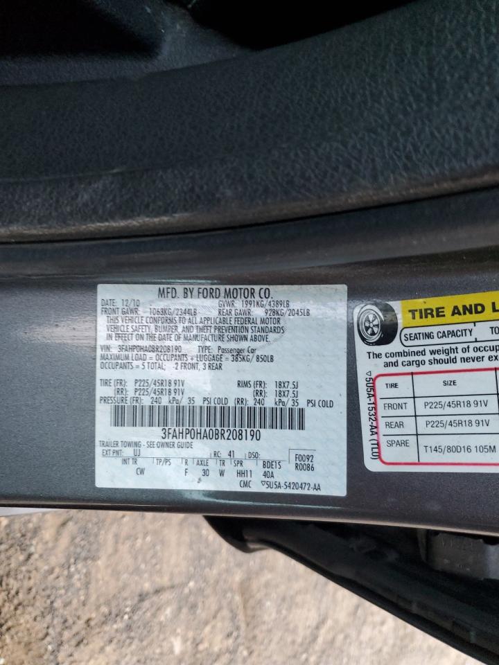 2011 Ford Fusion Se VIN: 3FAHP0HA0BR208190 Lot: 92419175