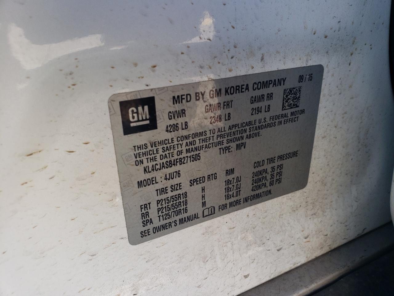 2015 Buick Encore VIN: KL4CJASB4FB271505 Lot: 92054535