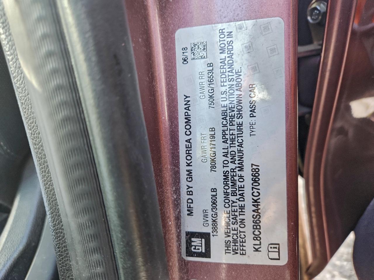 2019 Chevrolet Spark Ls VIN: KL8CB6SA4KC706687 Lot: 94606815