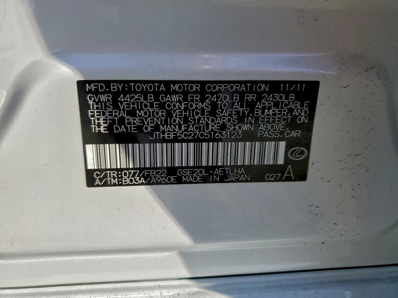 2012 Lexus Is 250 VIN: JTHBF5C27C5163123 Lot: 94541605