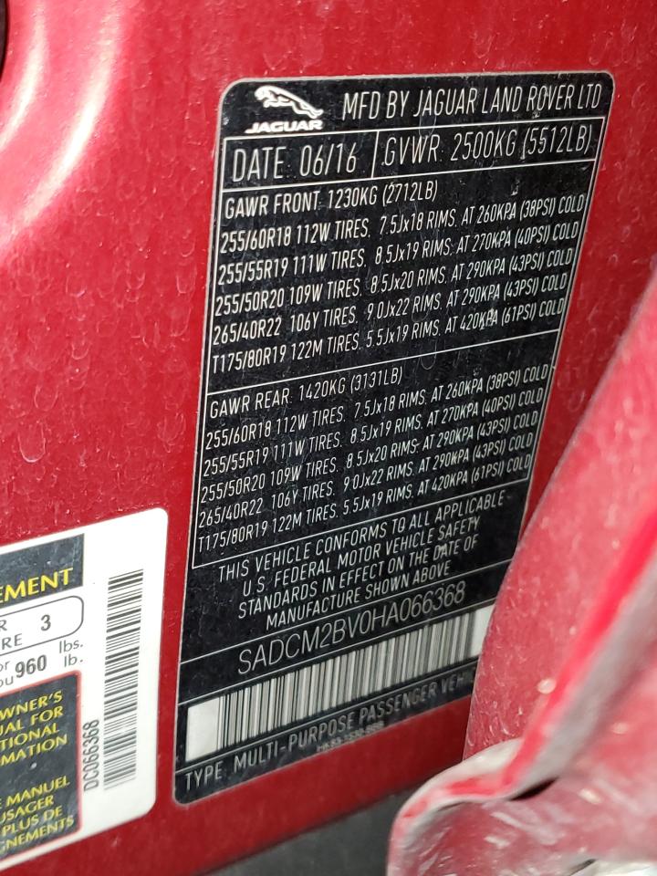 2017 Jaguar F-Pace S VIN: SADCM2BV0HA066368 Lot: 91669265