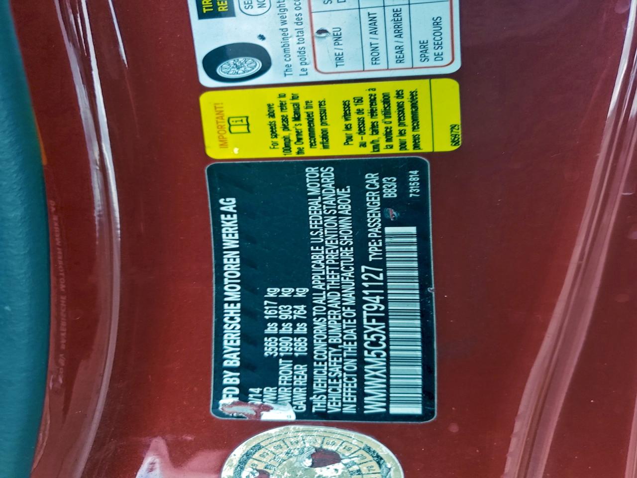 2015 Mini Cooper VIN: WMWXM5C5XFT941127 Lot: 93896395