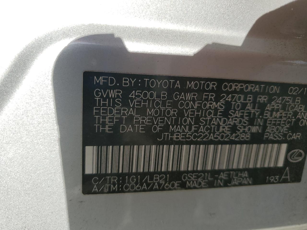 2010 Lexus Is 350 VIN: JTHBE5C22A5024288 Lot: 92387545