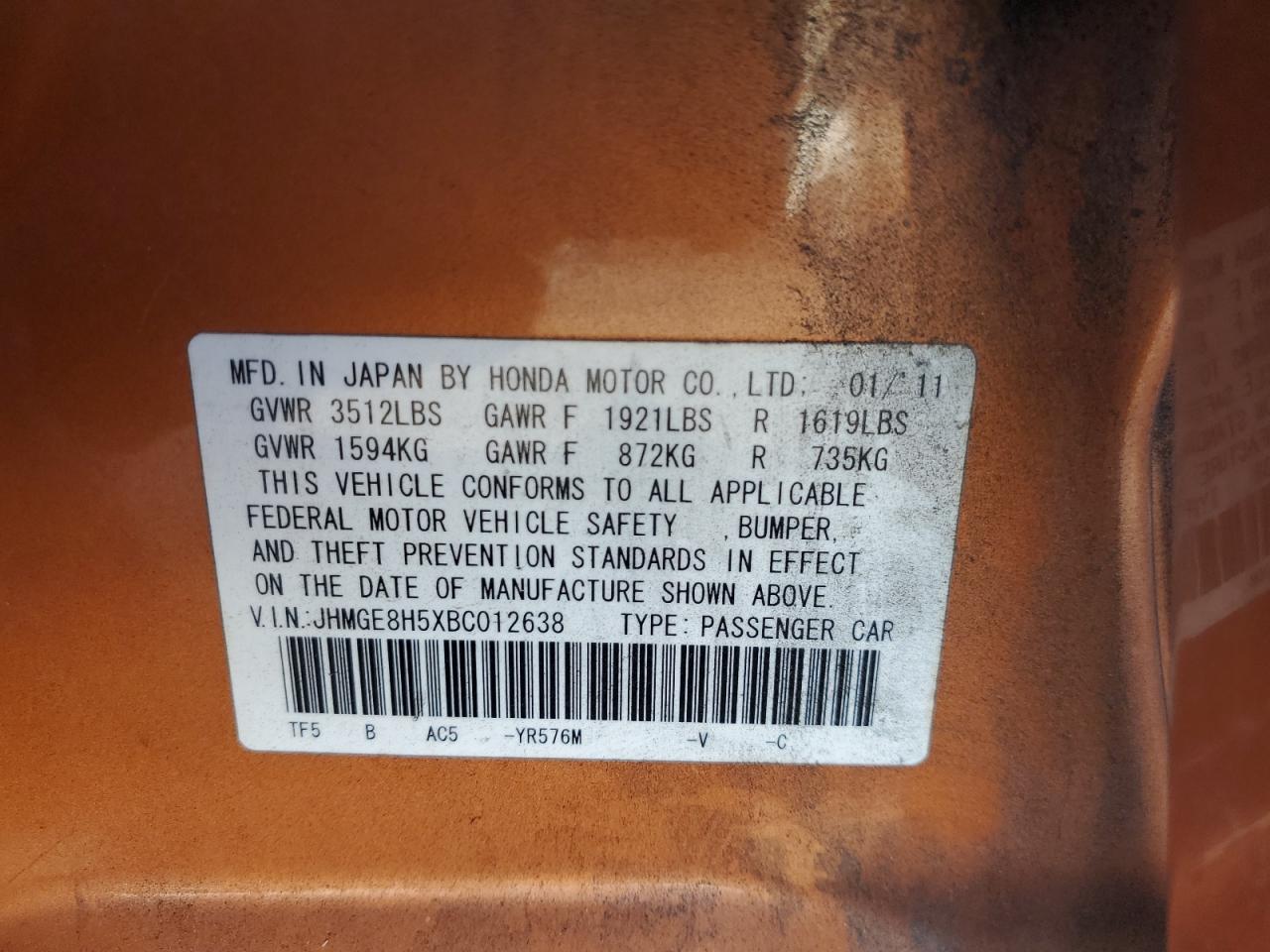 2011 Honda Fit Sport VIN: JHMGE8H5XBC012638 Lot: 85424325