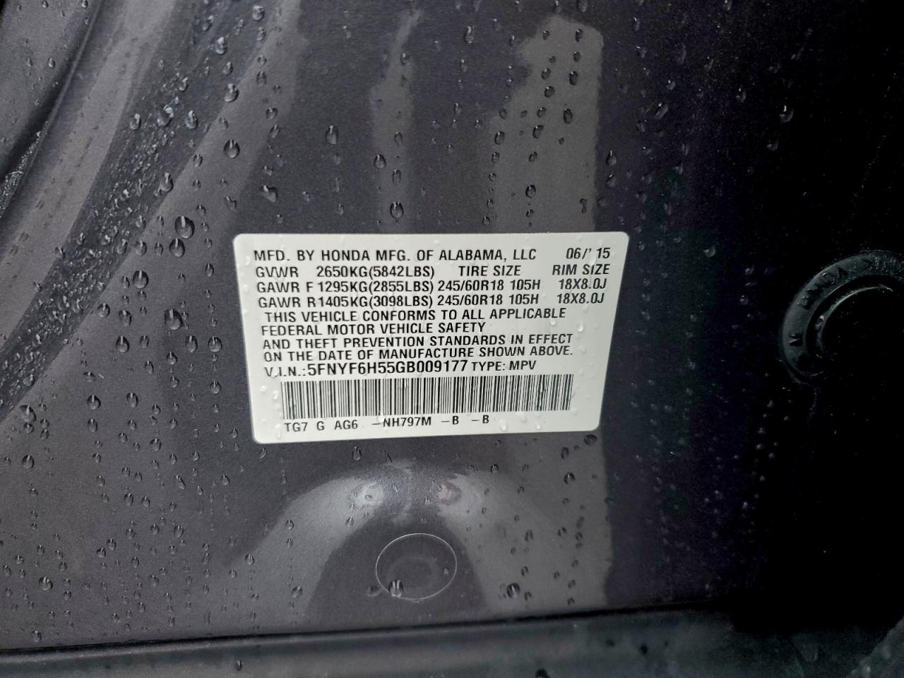 2016 Honda Pilot Exl VIN: 5FNYF6H55GB009177 Lot: 94346905