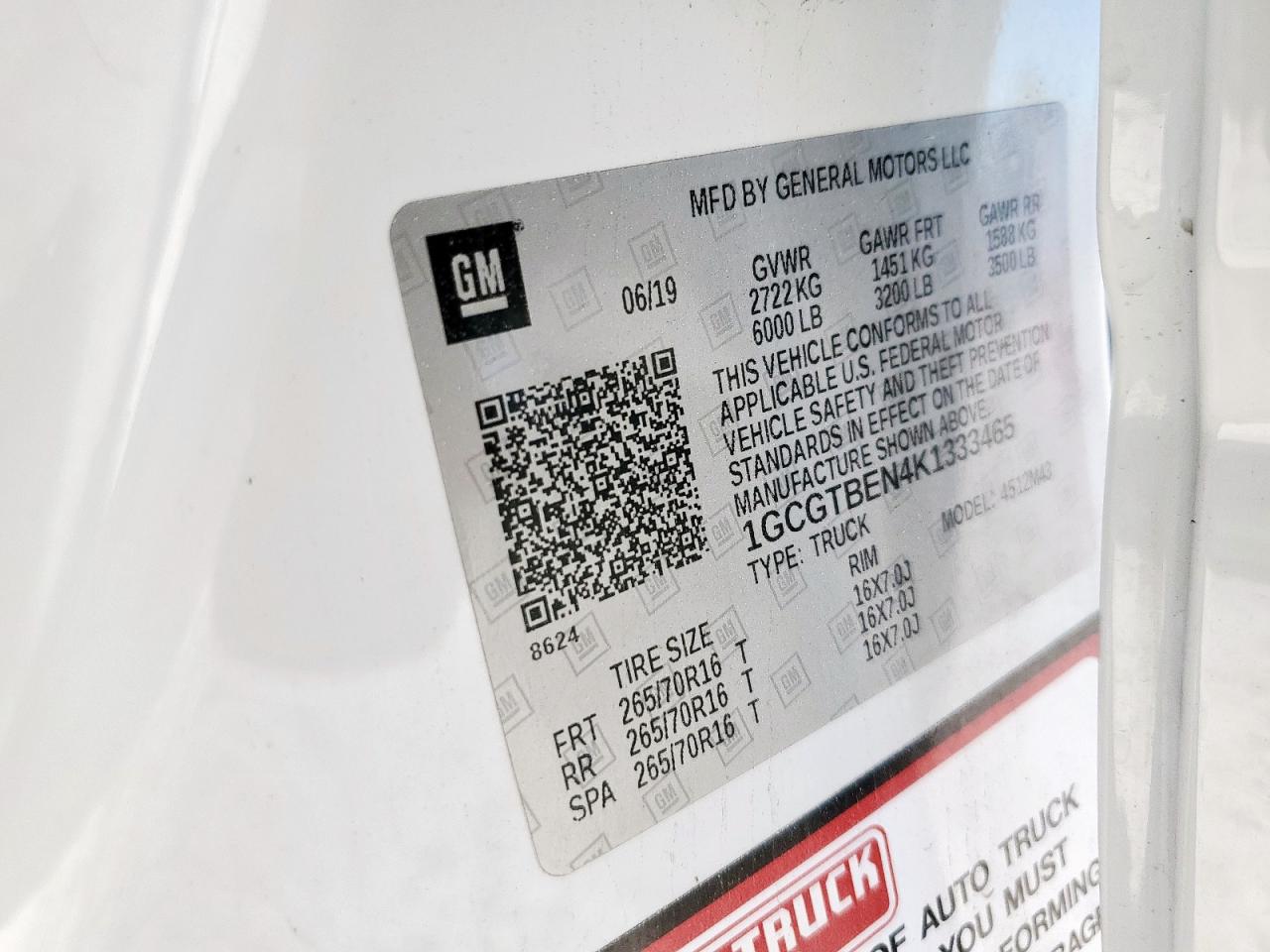 2019 Chevrolet Colorado VIN: 1GCGTBEN4K1333465 Lot: 92288235