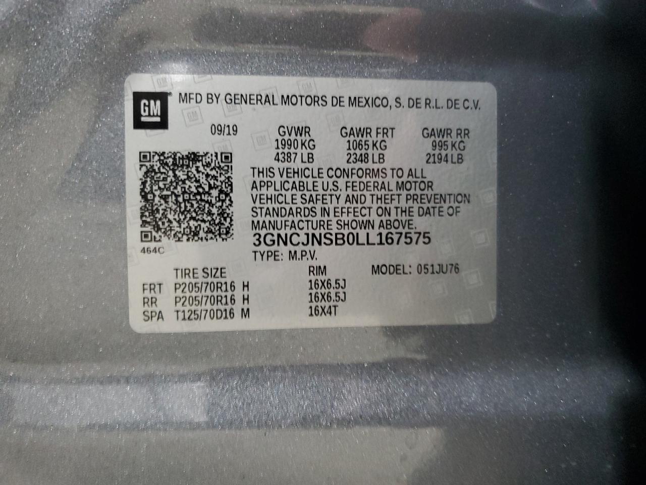 2020 Chevrolet Trax Ls VIN: 3GNCJNSB0LL167575 Lot: 92687515