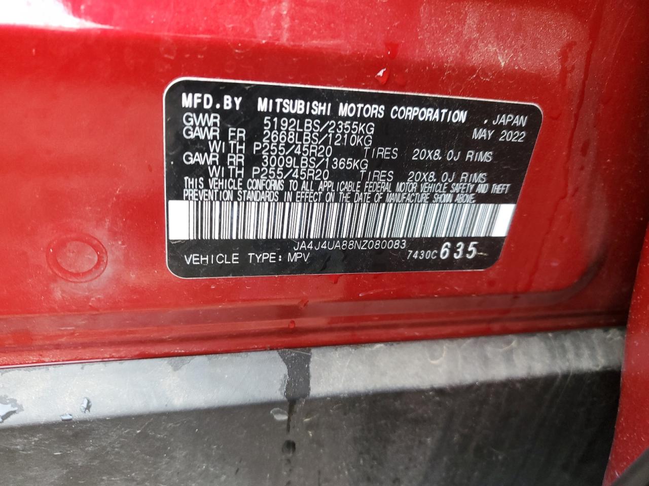 2022 Mitsubishi Outlander Se VIN: JA4J4UA88NZ080083 Lot: 92462805