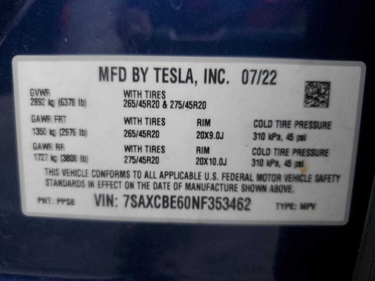 2022 Tesla Model X VIN: 7SAXCBE60NF353462 Lot: 91307945