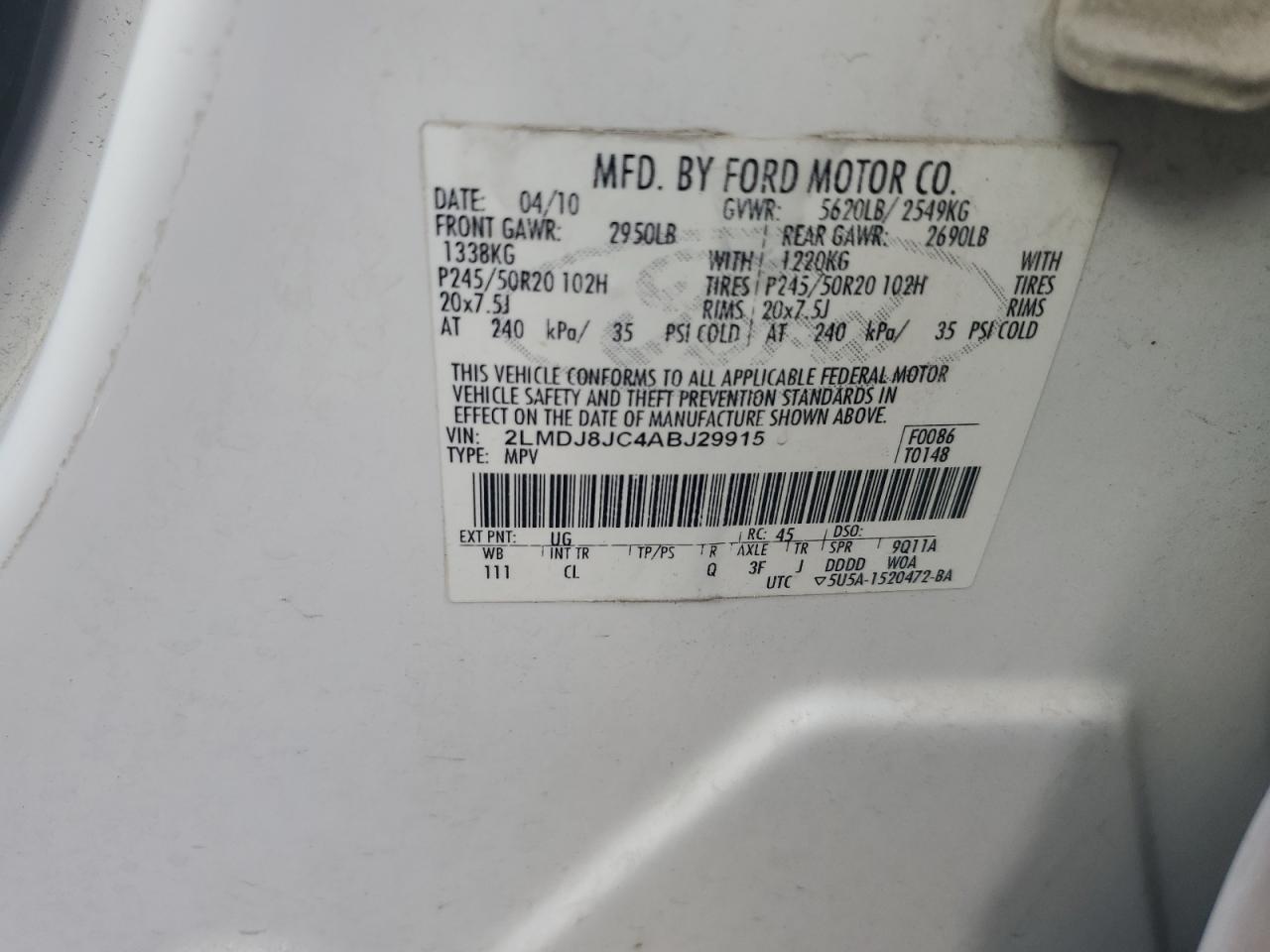 2010 Lincoln Mkx VIN: 2LMDJ8JC4ABJ29915 Lot: 91462225