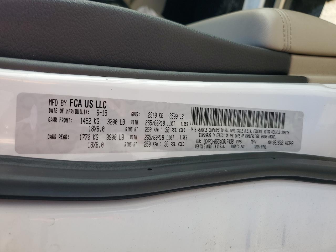 2019 Dodge Durango Sxt VIN: 1C4RDHAG5KC817438 Lot: 90860025