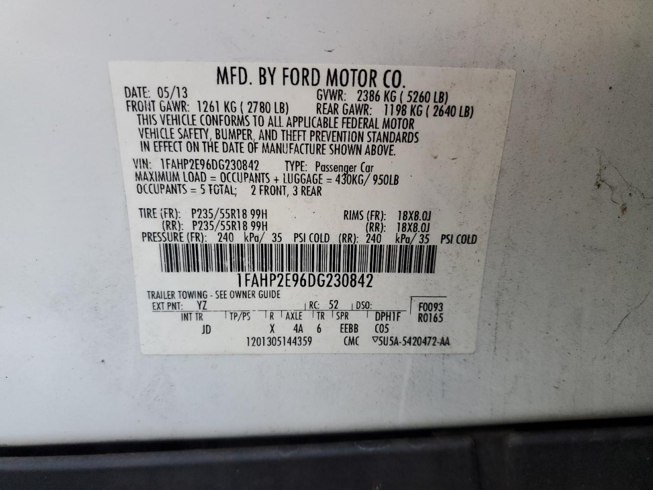 2013 Ford Taurus Sel VIN: 1FAHP2E96DG230842 Lot: 91429775