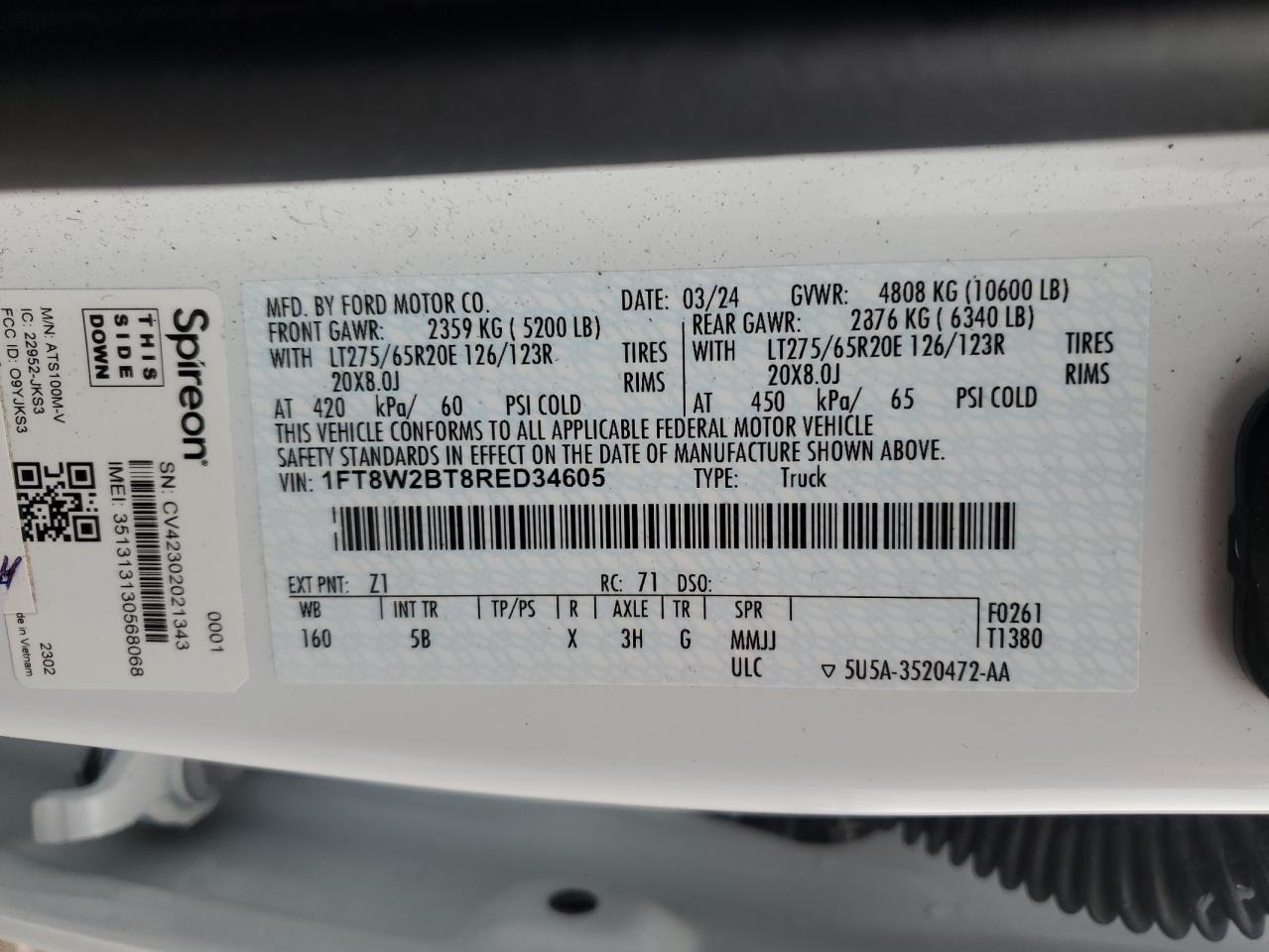 2024 Ford F250 Super Duty VIN: 1FT8W2BT8RED34605 Lot: 92825135