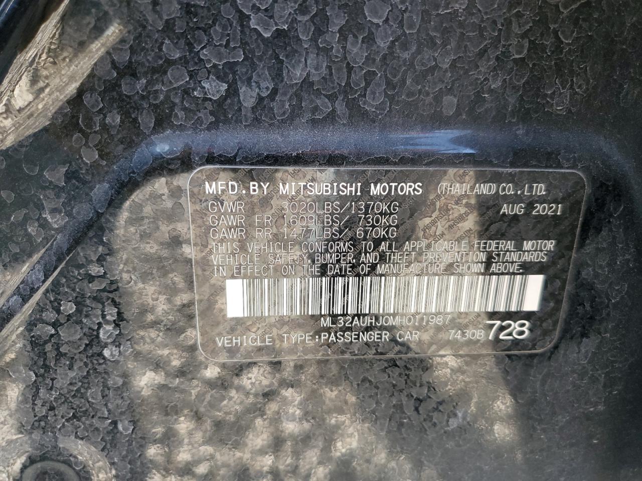 2021 Mitsubishi Mirage Es VIN: ML32AUHJ0MH011987 Lot: 93267235