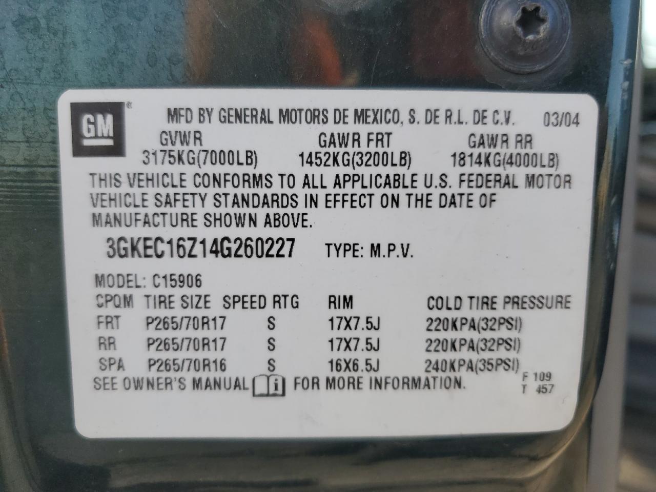 2004 GMC Yukon Xl C1500 VIN: 3GKEC16Z14G260227 Lot: 91595205