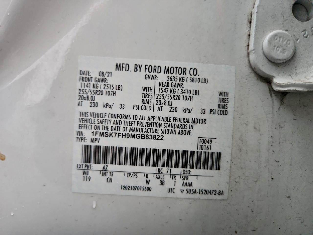 2021 Ford Explorer Limited VIN: 1FMSK7FH9MGB83822 Lot: 93851415