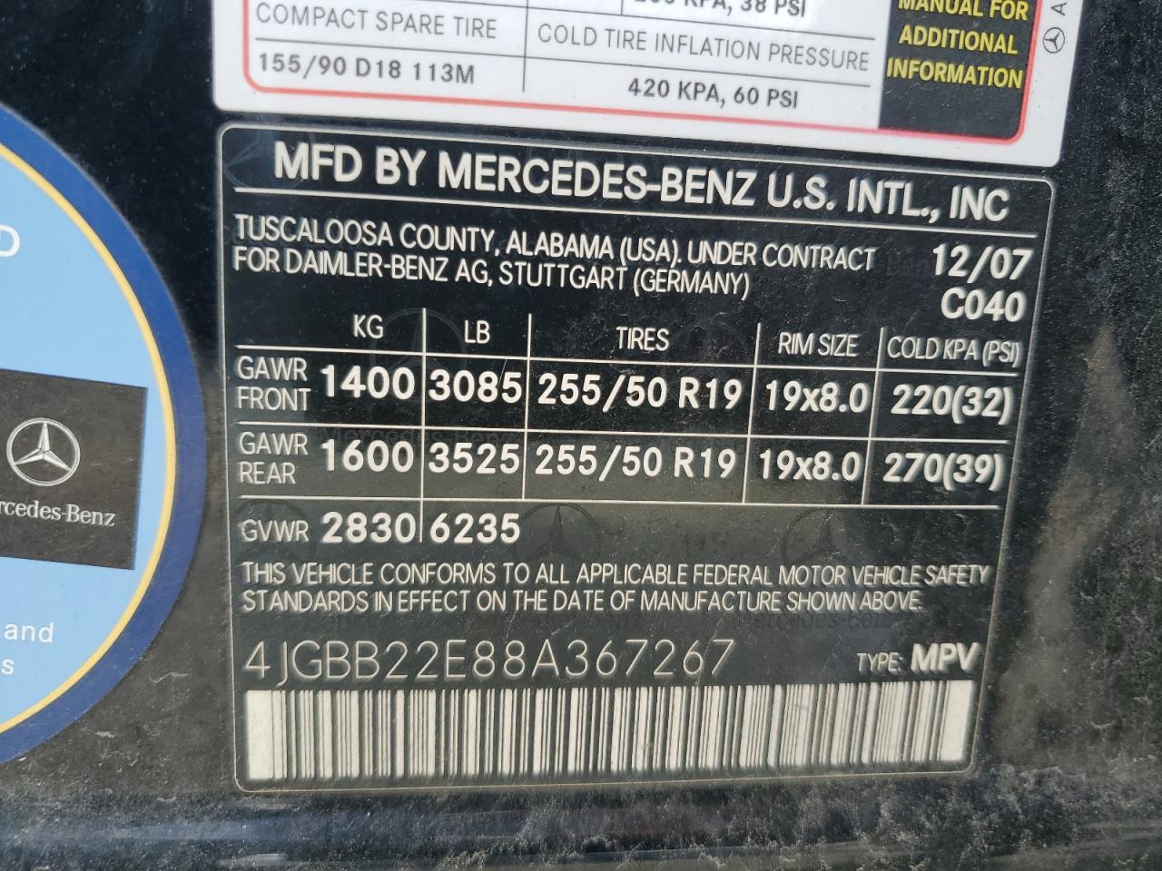 2008 Mercedes-Benz Ml 320 Cdi VIN: 4JGBB22E88A367267 Lot: 93234785