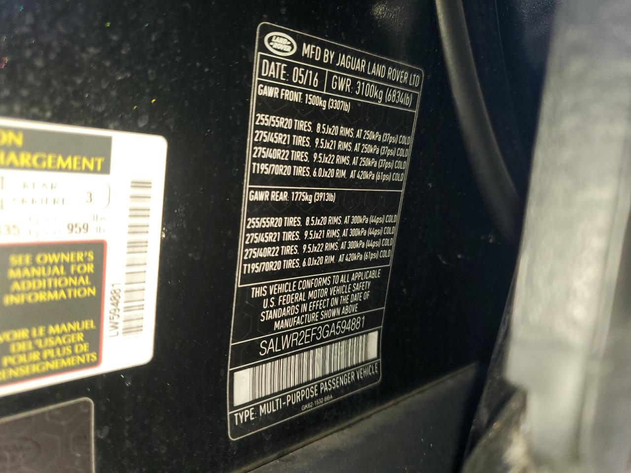 2016 Land Rover Range Rover Sport Sc VIN: SALWR2EF3GA594881 Lot: 91516595