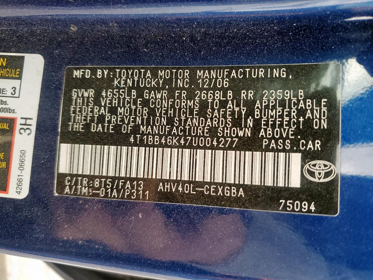 2007 Toyota Camry Hybrid VIN: 4T1BB46K47U004277 Lot: 93803655